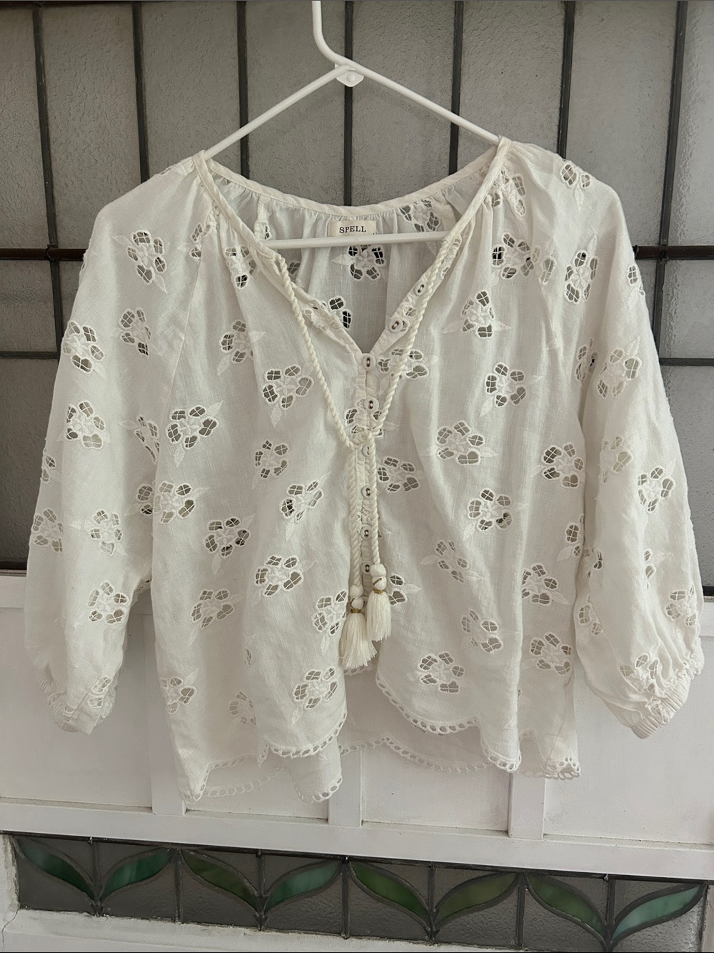 Spell Cream Eyelet Tassel Peasant Blouse
